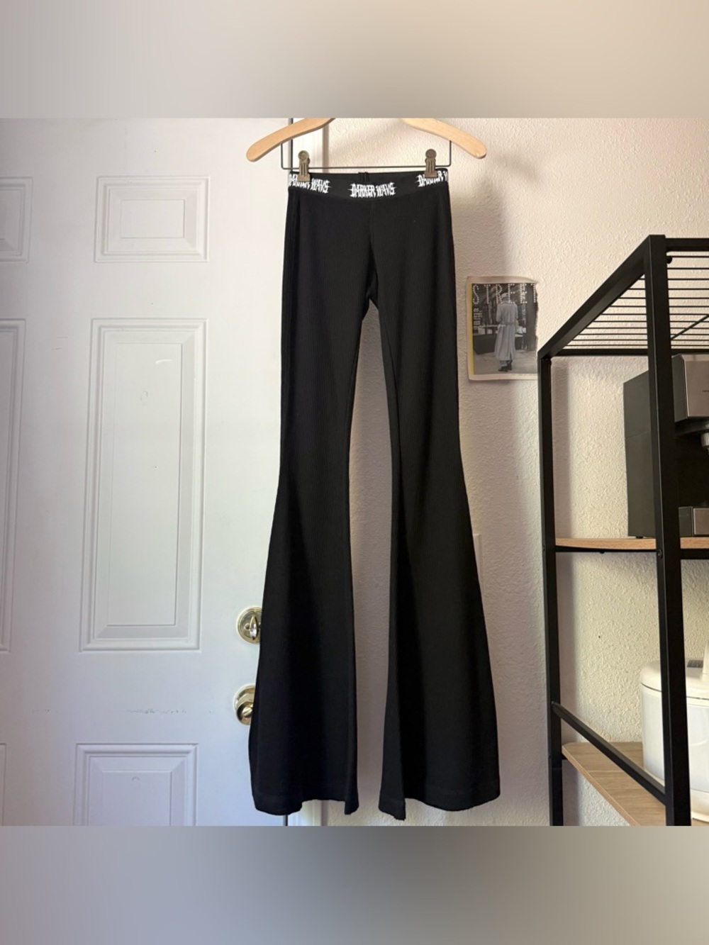 DARKER WAVS‎ black waffle thermal knit cotton blend boot cut flare pants